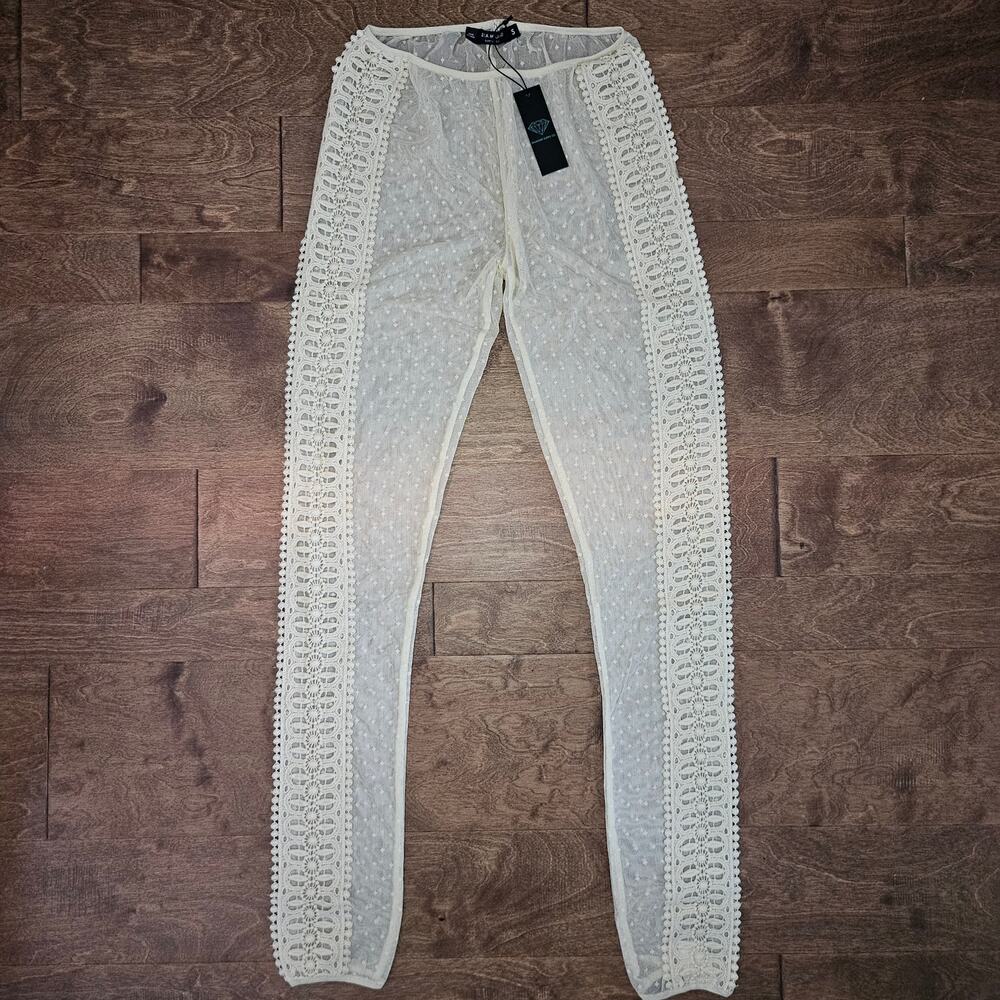 Diamond Supply Co Fair Leggings Cream Women's Size S Sheer Mesh Lace Eyelet NEW